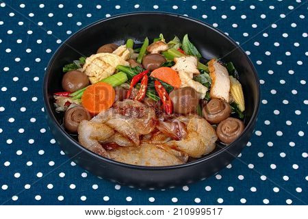 Fried Big Noodle Topped Mixed Vegetables For Organic Food.