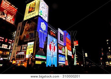 Osaka, Japan January 14, 2019 : Perspective View And Eye Catching Advertising Neon Lights Billboards