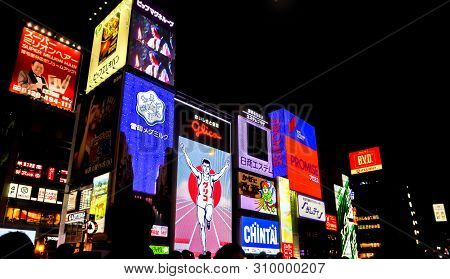 Osaka, Japan January 14, 2019 : Perspective View And Eye Catching Advertising Neon Lights Billboards