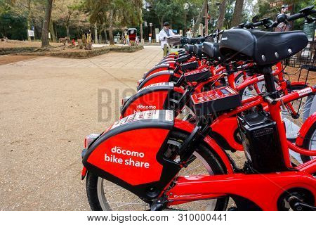 Nara, Japan, January 15 2019 : Japan Public Travel Bikes Of Docomo Company Parked For Tourists Inter
