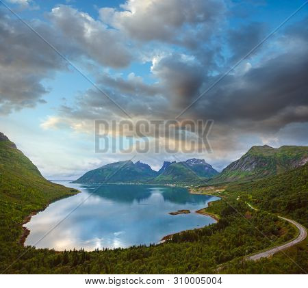 Summer Cloudy Ersfjord Night View, Norway, Senja