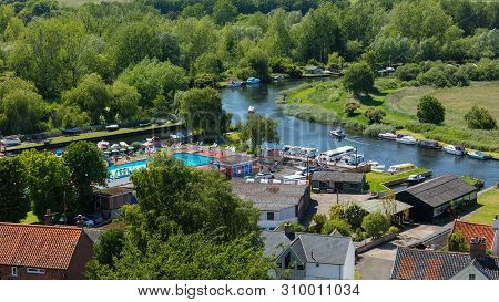 Beccles, United Kingdom - June 22, 2019: Aerial View Looking Towards The Lido And The River Waveney 