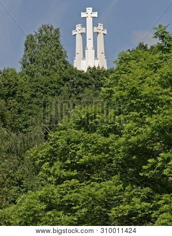 Religious Monumnet Of Three Crosses Monument In Vilnius, Lithuania Hill, Three, Crosses, Lithuania, 