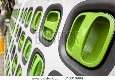 Taipei, Taiwan - June 7th, 2019: charging station for battery packs of Taiwan-based Gogoro electronic motocycle at street in Taipei, Taiwan, Asia