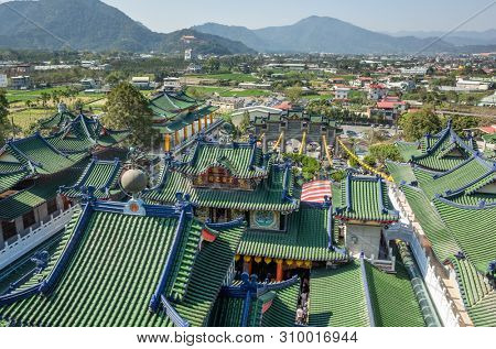 Nantou, Puli, Taiwan - FEB 8th, 2019: roofs of famous Baohu Dimu Temple in the daytime