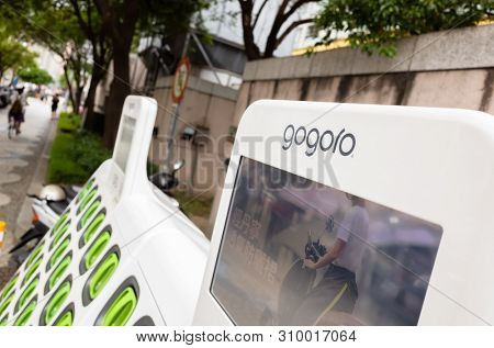 Taipei, Taiwan - June 7th, 2019: charging station for battery packs of Taiwan-based Gogoro electronic motocycle at street in Taipei, Taiwan, Asia