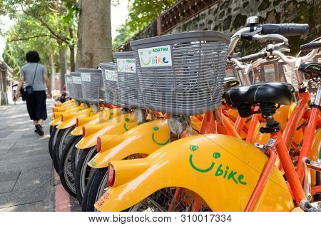 Taipei, Taiwan - May 12th, 2019:row of bicycles called Ubike, a bike sharing system service used by citizens as short-distance transit vehicles in Taipei, Taiwan, Asia