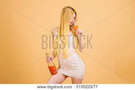 Pretty Blonde Celebrate Birthday. Sweet Liquor Champagne. Glamorous Party. Girl Drinking Pearl Glitt