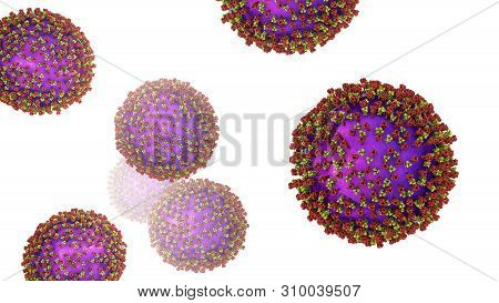 Measles Viruses. 3d Illustration Showing Structure Of Measles Virus With Surface Glycoprotein Spikes