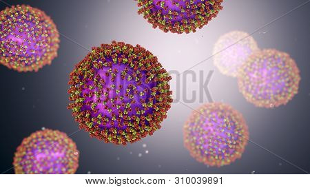 Measles Viruses. 3d Illustration Showing Structure Of Measles Virus With Surface Glycoprotein Spikes