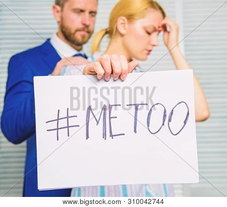Victim Assault At Workplace. Assault Targeted At Employee. Girl Hold Poster Hashtag Me Too While Col