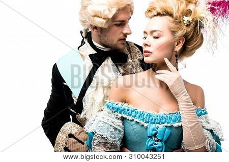 Handsome Gentleman Looking At Pompous Victorian Woman In Blue Dress Isolated On White