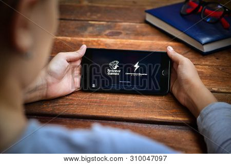 Stavropol, Russian Federation. July 5, 2019. A Man Holding A Smartphone On Which Opens A Mobile Appl