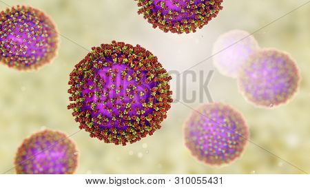 Measles Viruses. 3d Illustration Showing Structure Of Measles Virus With Surface Glycoprotein Spikes