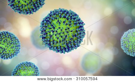 Measles Viruses. 3d Illustration Showing Structure Of Measles Virus With Surface Glycoprotein Spikes