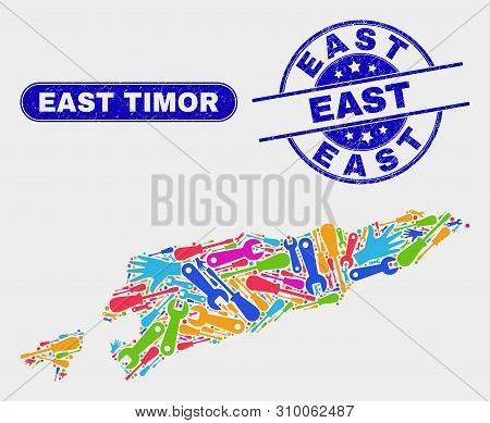 Production East Timor Map And Blue East Grunge Seal. Colored Vector East Timor Map Mosaic Of Product