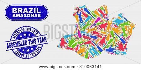 Assembly Amazonas State Map And Blue Assembled This Year Scratched Seal Stamp. Colored Vector Amazon