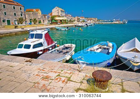 Colorful Harbor And Waterfront Of Krapanj Island,  Sea Sponge Harvesting Village, Sibenik Archipelag
