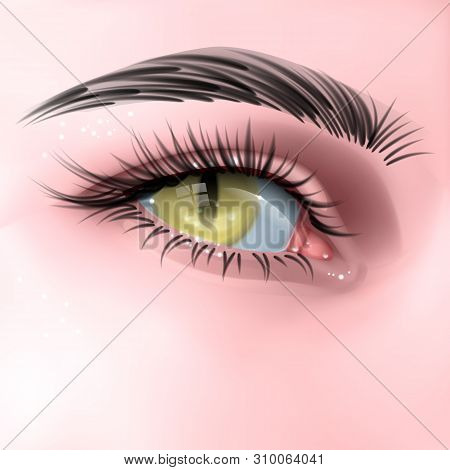 Human Eye With Yellow Reptile Pupil, Vector Illustration In Realistic Style