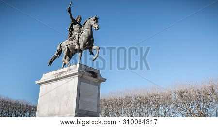 Statue Of Louis Xiv In The Promenade Du Peyrou In Montpellier, France
