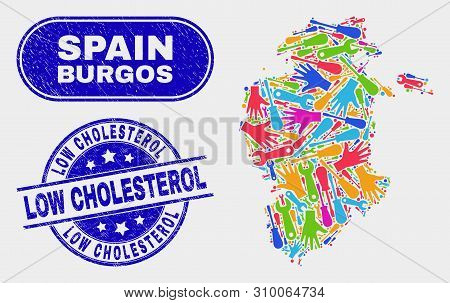 Construction Burgos Province Map And Blue Low Cholesterol Scratched Seal. Colorful Vector Burgos Pro