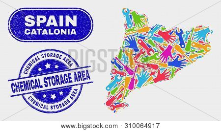 Construction Catalonia Map And Blue Chemical Storage Area Textured Seal Stamp. Bright Vector Catalon