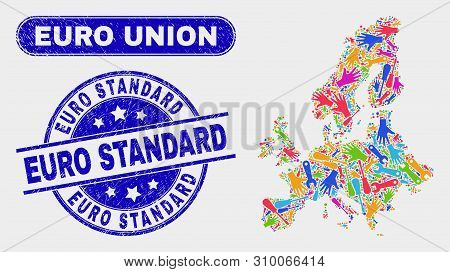 Assemble Euro Union Map And Blue Euro Standard Textured Seal Stamp. Colorful Vector Euro Union Map M