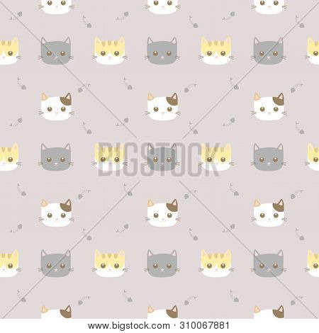 Seamless Pattern Cute Cat On Gray Background