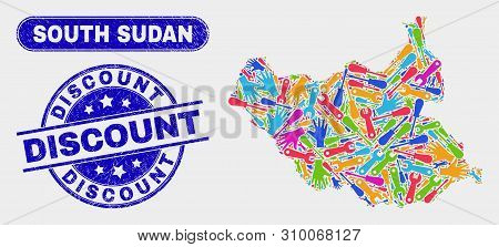 Tools South Sudan Map And Blue Discount Grunge Seal Stamp. Colorful Vector South Sudan Map Mosaic Of