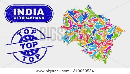 Service Uttarakhand State Map And Blue Top Distress Watermark. Bright Vector Uttarakhand State Map M
