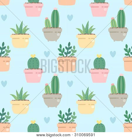 Seamless Pattern Cute Cactus In Side The Pot On Blue Background.