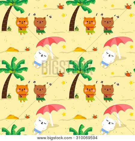 Seamless Pattern Cute Cat Hawaii Party On The Beach.