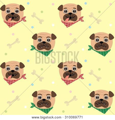 Seamless Pattern Funny Twins Pugs Puppy On Yellow Background.
