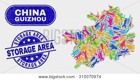 Assemble Guizhou Province Map And Blue Storage Area Textured Seal Stamp. Colorful Vector Guizhou Pro