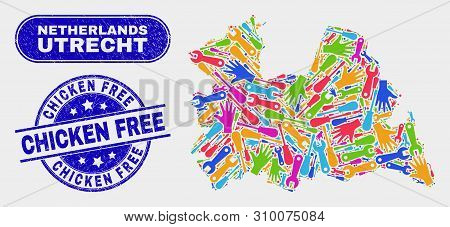 Service Utrecht Province Map And Blue Chicken Free Textured Seal Stamp. Bright Vector Utrecht Provin