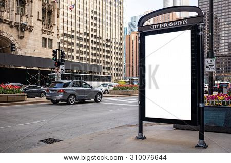 Blank Billboard At Bus Stop For Advertising, Chicago City Buildings And Street Background