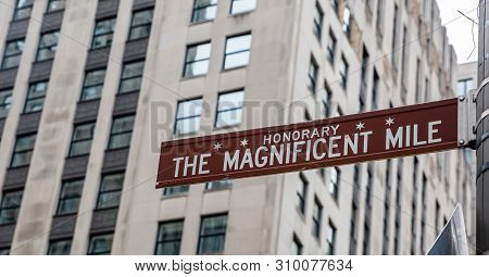 Chicago City The Magnificent Mile Sign, Blur Skyscrapers Background