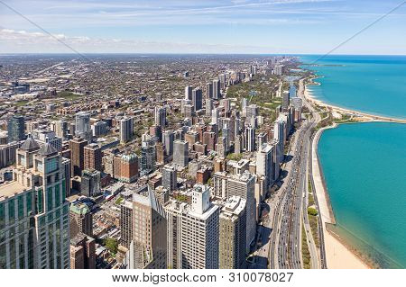 Chicago City Skyscrapers Aerial View, Blue Sky Background. Skydeck Observation