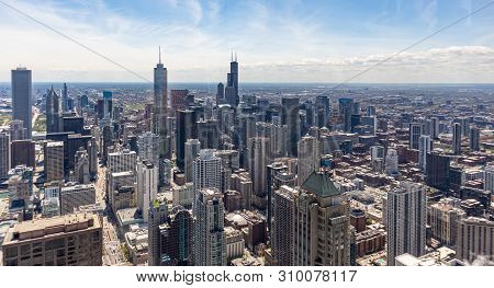 Chicago City Skyscrapers Aerial View, Blue Cloudy Sky Background. Skydeck Observation