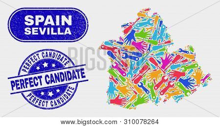 Industrial Sevilla Province Map And Blue Perfect Candidate Grunge Seal Stamp. Colored Vector Sevilla