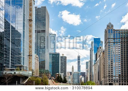 Chicago City Skyscrapers, Blue Sky With Clouds Background