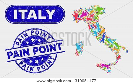 Component Italy Map And Blue Pain Point Grunge Seal Stamp. Colorful Vector Italy Map Mosaic Of Works