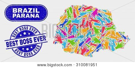 Tools Parana State Map And Blue Best Boss Ever Textured Watermark. Colorful Vector Parana State Map 