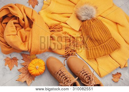 Flat Lay With Comfort Warm Outfit For Cold Fall Weather. Comfortable Autumn, Winter Clothes Shopping