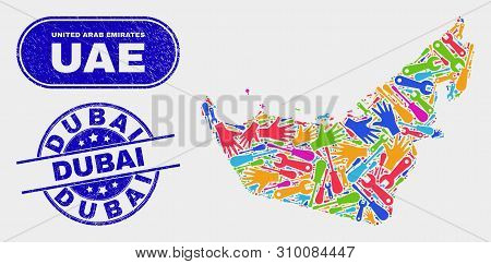 Element United Arab Emirates Map And Blue Dubai Grunge Seal. Bright Vector United Arab Emirates Map 