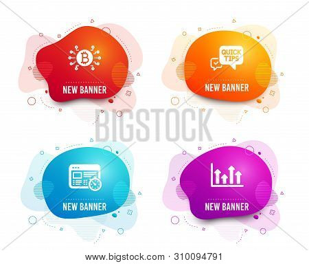 Liquid Badges. Set Of Bitcoin System, Web Timer And Quick Tips Icons. Upper Arrows Sign. Cryptocurre