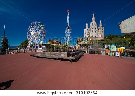Barcelona, Spain - April, 2019: Attractions In Tibidabo Amusement Park In Barcelona