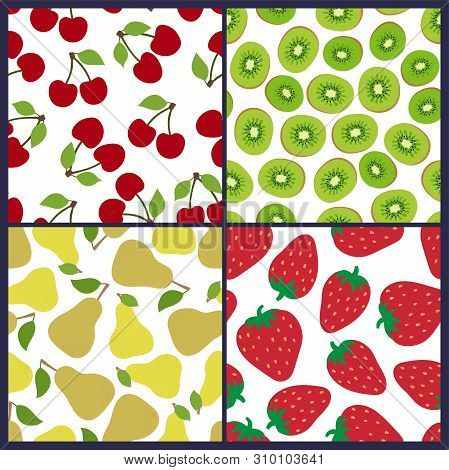Cherry, Kiwi, Pear And Strawberry Seamless Pattern. Berries And Fruits. Fashion Design. Food Print F