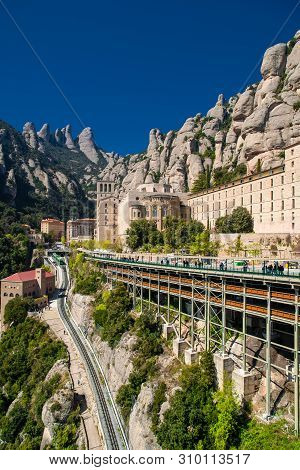 Monserrat, Spain - April, 2019: Santa Maria De Montserrat Abbey In Monistrol De Montserrat, Cataloni