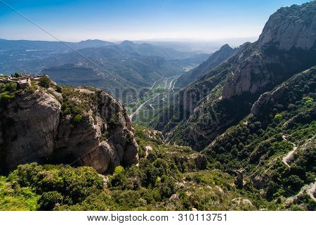 Aerial View On Santa Maria De Montserrat Abbey In Montserrat Mountains, Spain